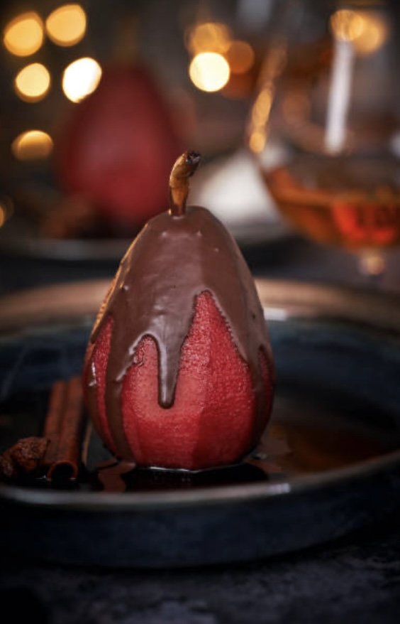 dark chocolate dipped pear dessert